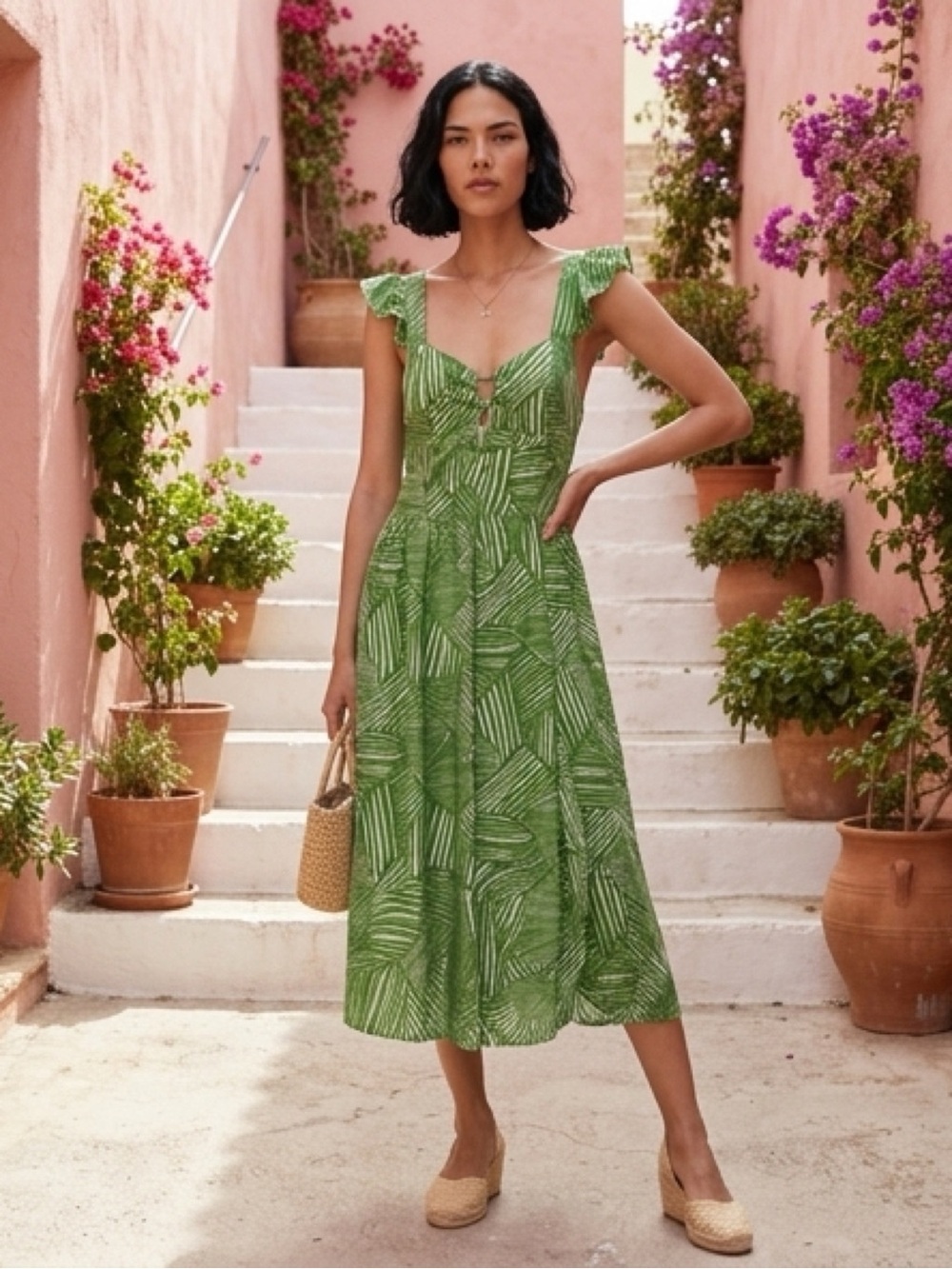 Land of the Free Leaf-Print Green Midi Dress with Ruffle Straps